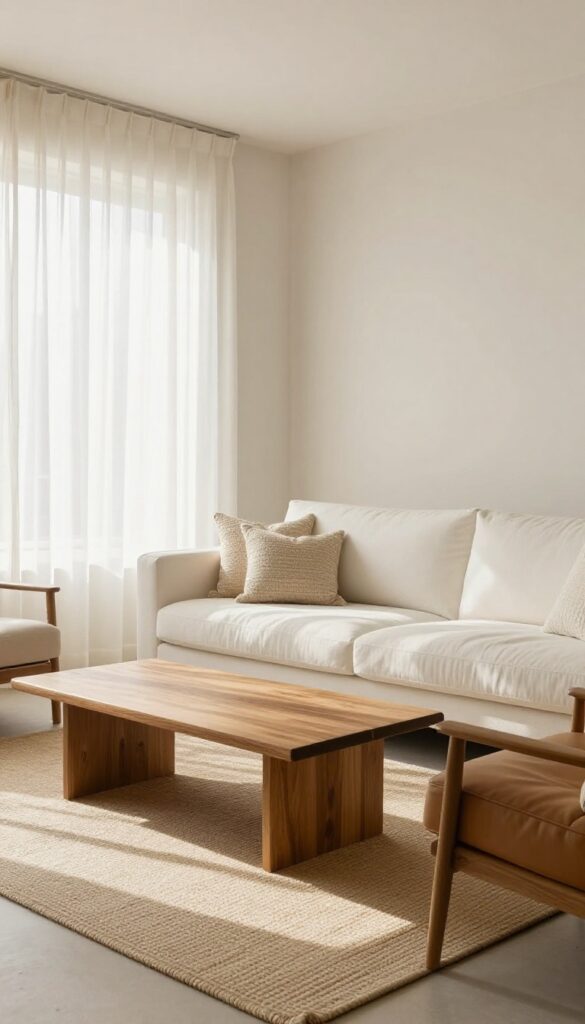 Bright living room with a white sofa grounded by warm neutral beige and tan rug, medium wood coffee table, camel leather chair, and textured cream pillows in natural light.