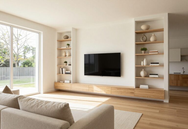 Modern living room with a flat-screen TV framed by symmetrical built-in shelving and styled neutral decor in bright natural light