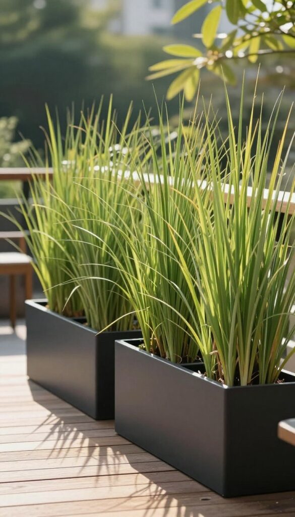 Small wooden deck with three tall black planters filled with ornamental grasses and greenery creating a natural privacy screen along the railing in warm afternoon light