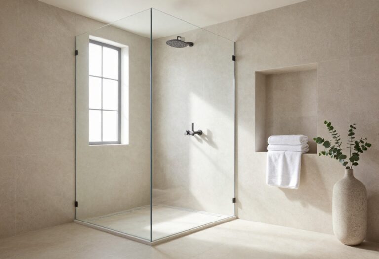 Bright modern curbless walk-in master shower with neutral stone-look tile, frameless glass, linear drain, and matte black fixtures in a clean spa-like bathroom