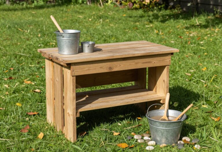 Rustic pallet mud kitchen counter in a sunny backyard with pots, spoons, and a bucket of muddy water