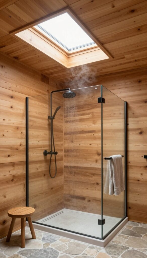 Rustic cabin shower with a skylight in the wood ceiling letting bright natural light pour over cedar walls and a stone shower floor