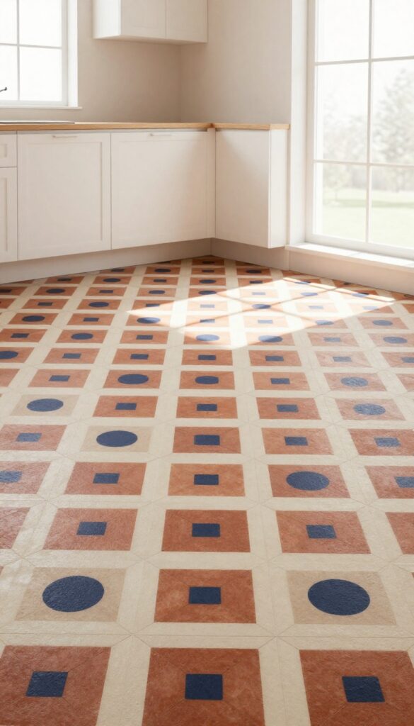 Bright kitchen with bold patterned cement tile floor in terracotta, navy, and cream geometric design, simple white cabinets, and natural light.