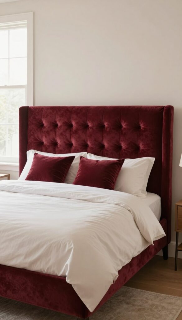 Tall maroon velvet tufted headboard styled with white bedding and matching maroon accent pillows in a bright, cozy bedroom