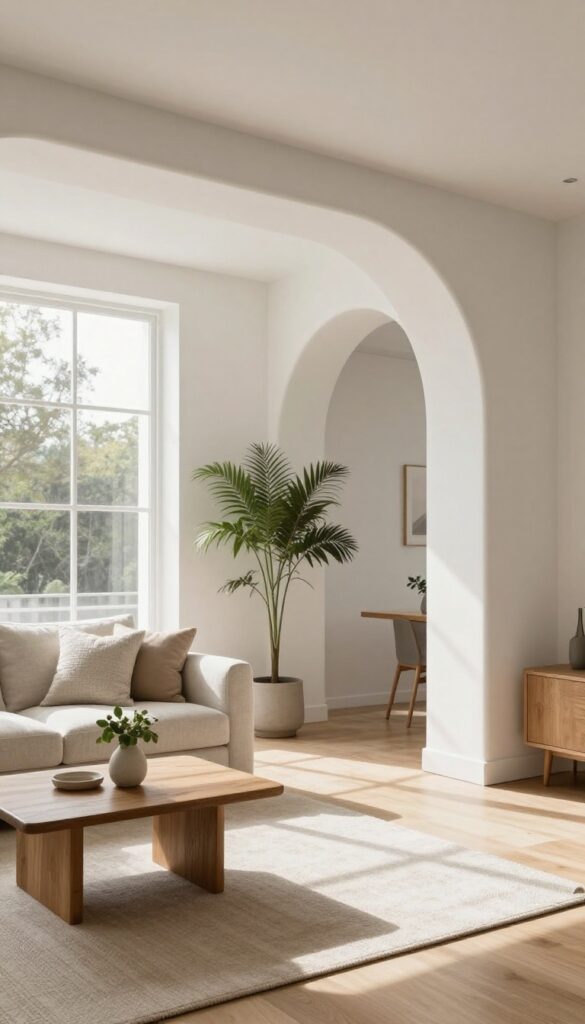 Bright living room with a smooth drywall archway replacing a square opening, connecting to a dining room, with natural light and minimal decor.