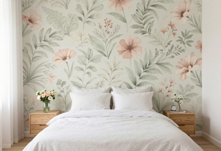 Chic modern bedroom with a soft floral accent wall behind a bed with white linens and natural morning light
