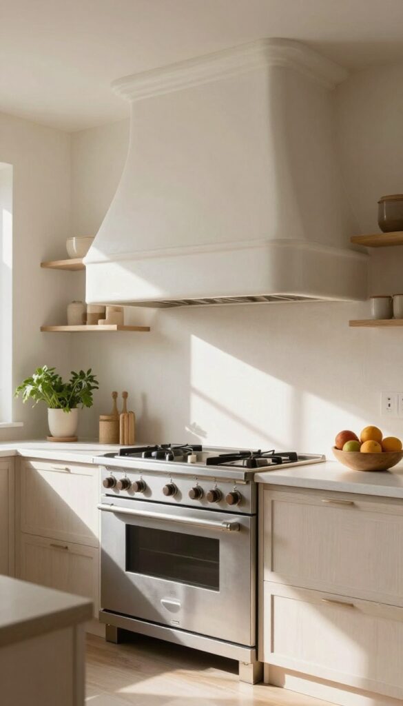 Bright kitchen with a custom curved plaster-style range hood cover in warm white, soft natural light, and clean neutral cabinetry.