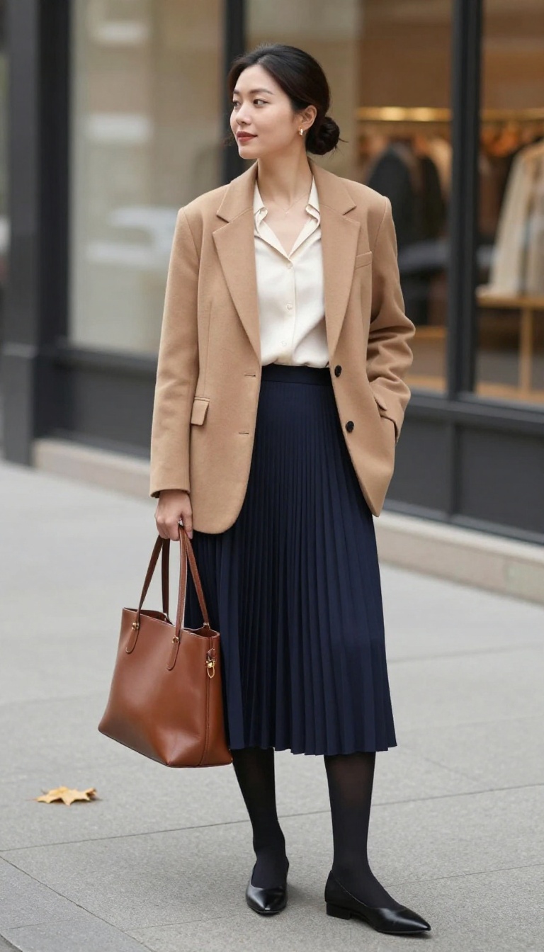 8. Blazer and Pleated Flared Skirt for Business Casual