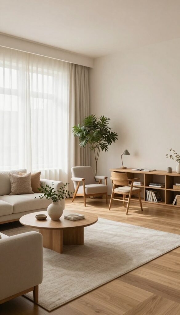 Bright rectangular living room split into two zones, a sofa and rug lounging area in front and a reading nook with armchair and desk at the far end, separated by a tall plant and open bookshelf.