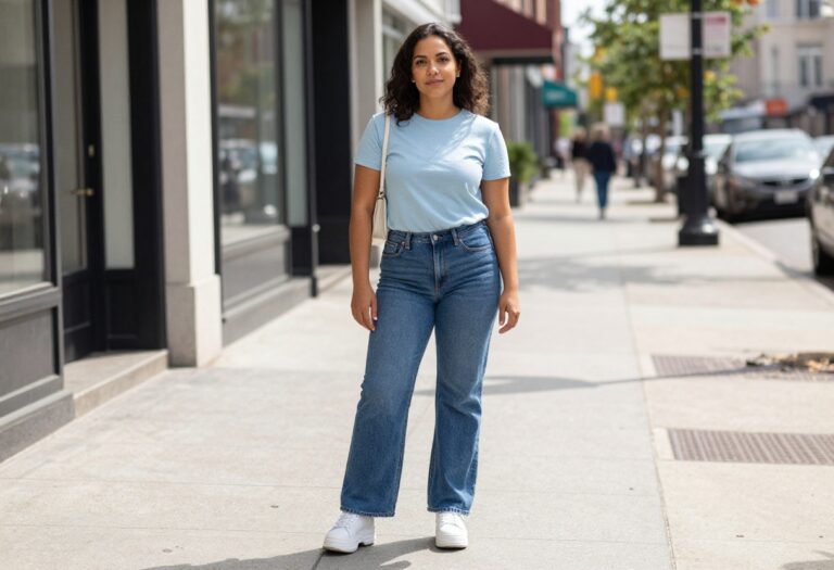 Woman wearing a blue baby tee and low-rise flared jeans with platform sneakers, posing on a city street for a Y2K outfit idea.