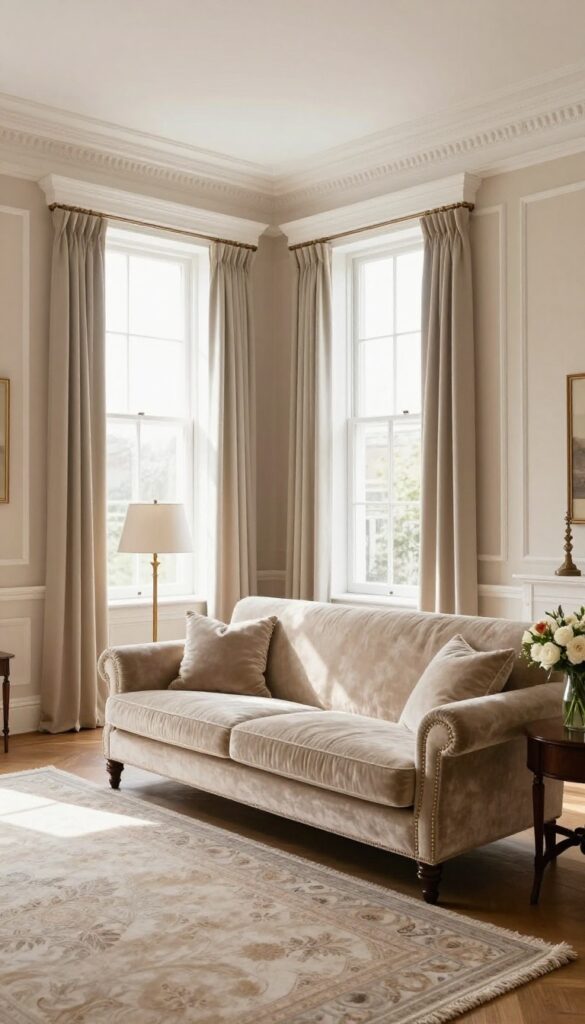 Elegant Victorian living room with white picture-frame molding and wainscoting paneling, tall windows, classic sofa, and bright natural light