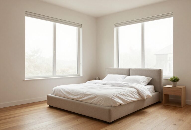 Bright modern contemporary bedroom with a low-profile platform bed, neutral bedding, warm wood tones, and soft natural light