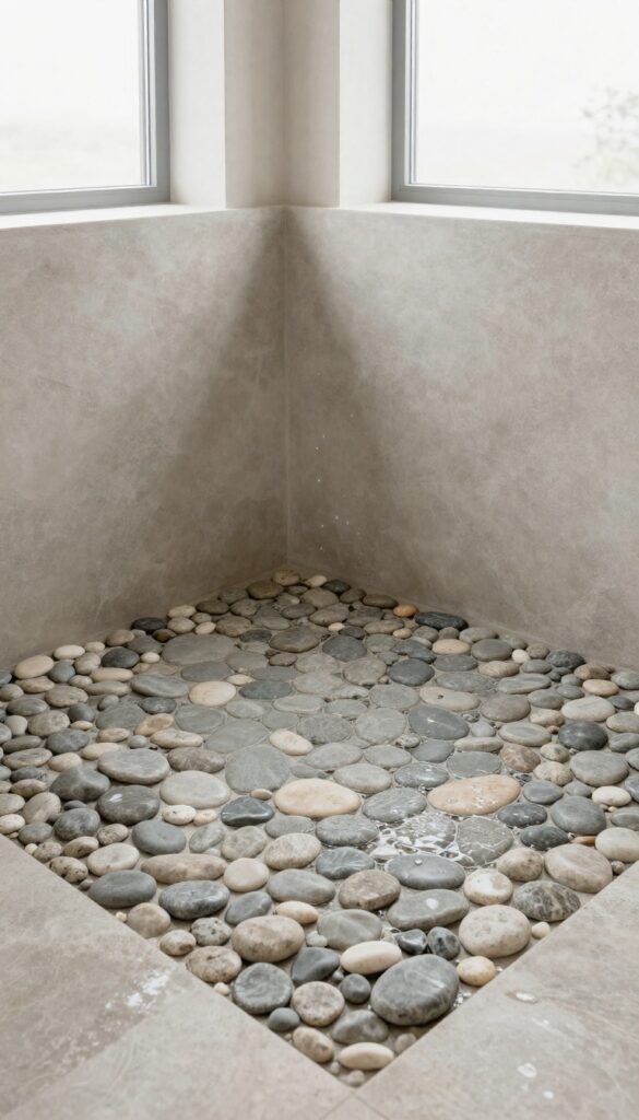 Rustic shower with a spa-like pebble tile floor in soft gray and neutral river stone tones under bright natural light.
