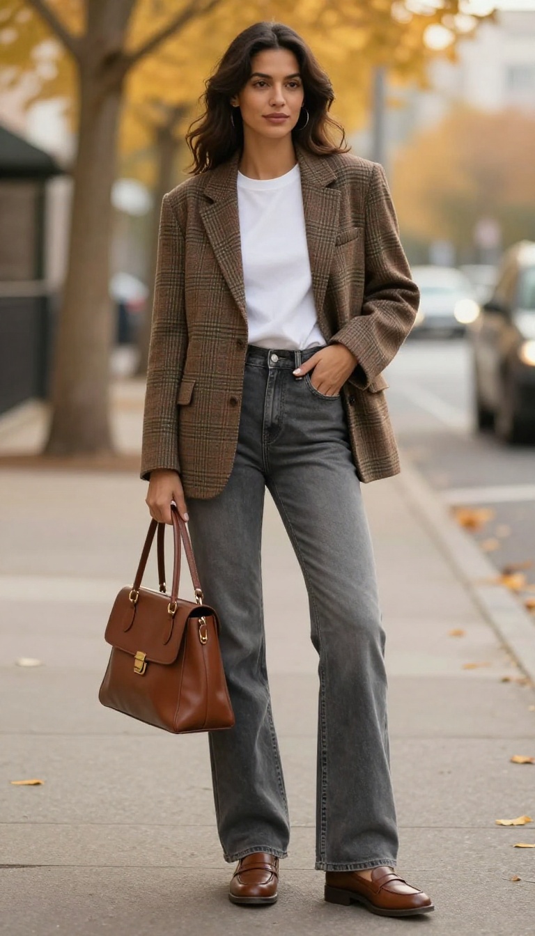 4. Plaid Blazer Over a White Tee with Grey High Rise Flares