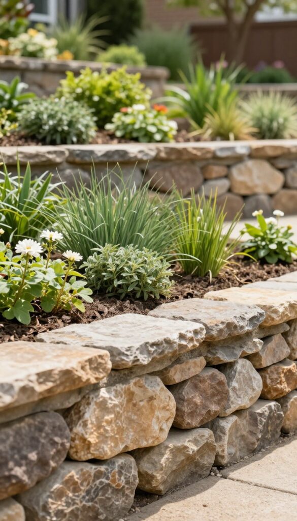 Low stacked stone retaining edge terracing a sloped front yard with plants growing along the top