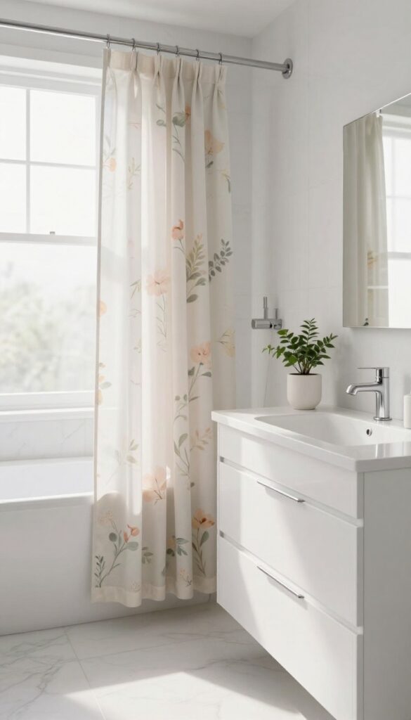 Bright bathroom with a muted pastel floral shower curtain in soft natural light, styled simply and invitingly