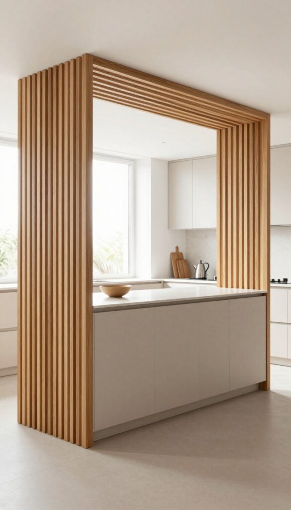 Bright modern open kitchen with a floor-to-ceiling vertical wood slat partition separating it from the living space, letting natural light through.