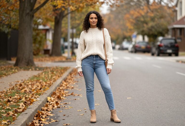 Woman wearing saia jeans, cream cable-knit sweater, and tan ankle boots standing on an autumn street.