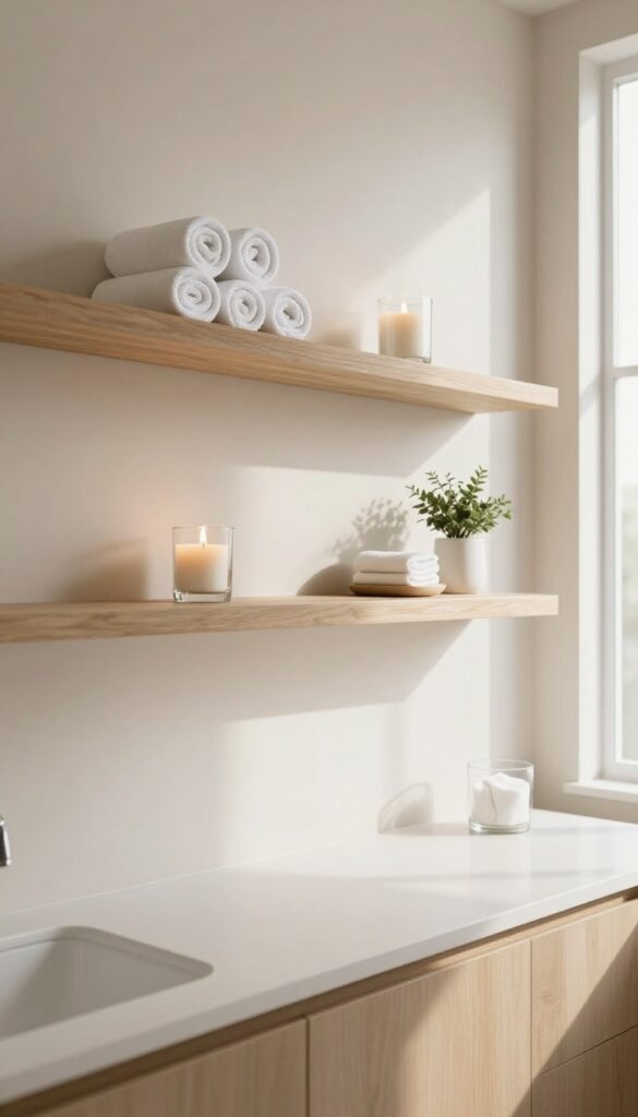 Bright spa-like bathroom with wooden floating shelves above a toilet, styled with rolled towels, a candle, a plant, and glass jars, creating clean and stylish vertical storage.