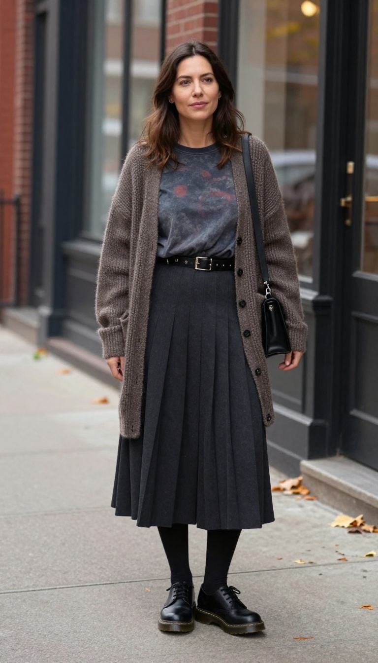 6. Pleated Midi Skirt + Band Tee + Chunky Cardigan