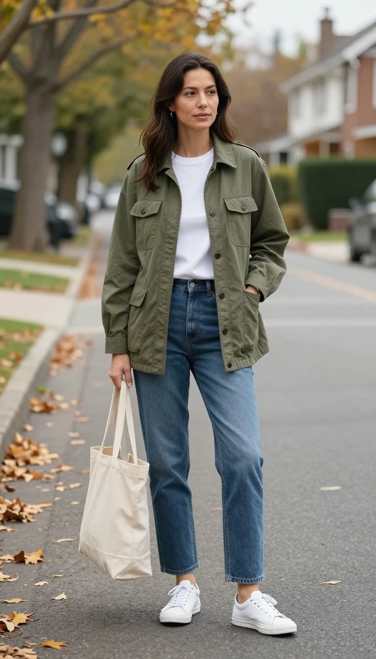 2. Olive Utility Jacket with Saia Jeans and White Sneakers