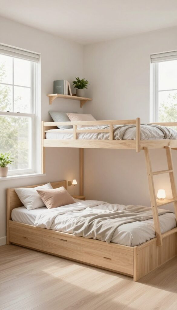 Bright small bedroom with an L-shaped corner double deck bed, one bunk along each wall, shared corner drawers, reading lights, and coordinated bedding in natural light.