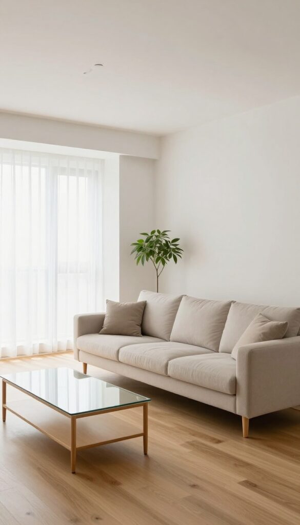 Bright modern small living room with a slim sofa on tapered wooden legs, a glass coffee table with an open frame, and visible light wood floor underneath, making the space feel larger and airier