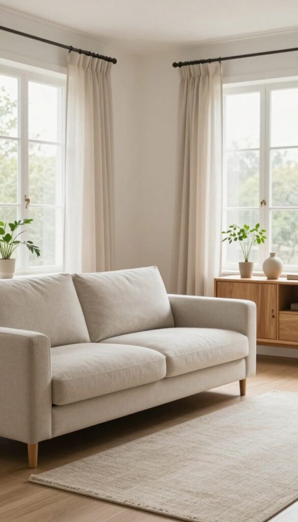 Bright small living room with a sofa floated away from the wall, an angled accent chair, and a rug defining the seating area.