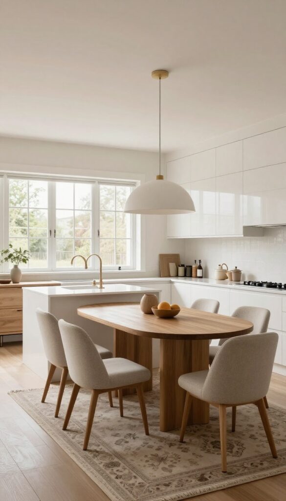 Bright open kitchen with a round dining table on a patterned rug, statement chandelier above, upholstered chairs and a bench, and a sideboard nearby in a clean, social layout