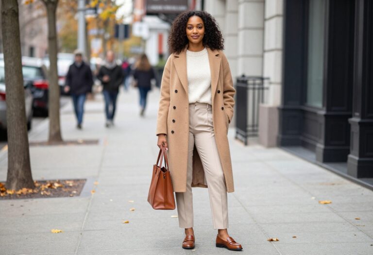 Woman in camel coat and cashmere sweater, old money fall outfit