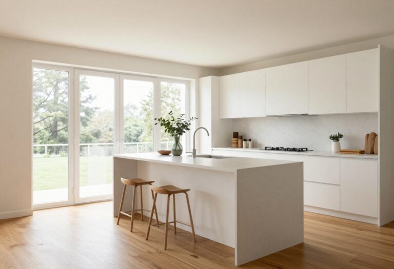Bright open-concept kitchen with a large waterfall-edge island and natural light flowing into a connected living space