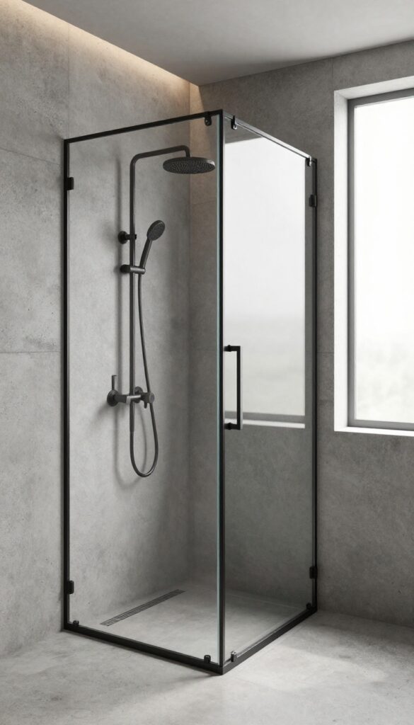 Industrial concrete shower with matte black metal fixtures, exposed pipes, and a metal-framed glass panel in bright natural light
