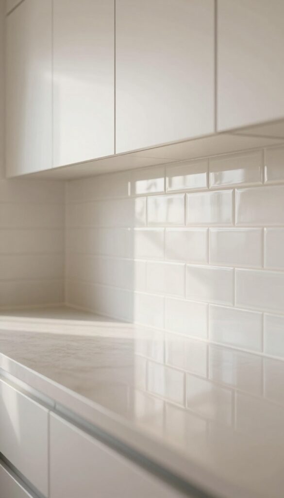Bright modern galley kitchen with a glossy white subway tile backsplash reflecting natural light, making the narrow space feel open and deep