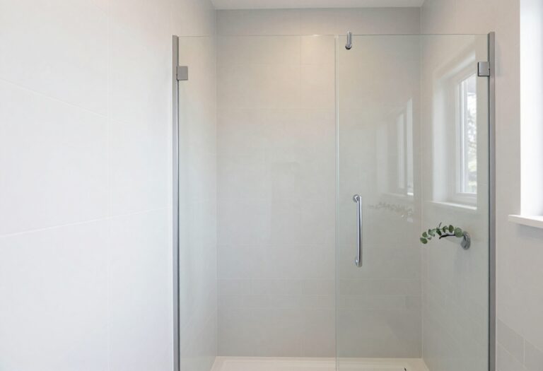 Bright modern bathroom shower with large-format white tiles and a vertical subway tile accent wall in natural daylight