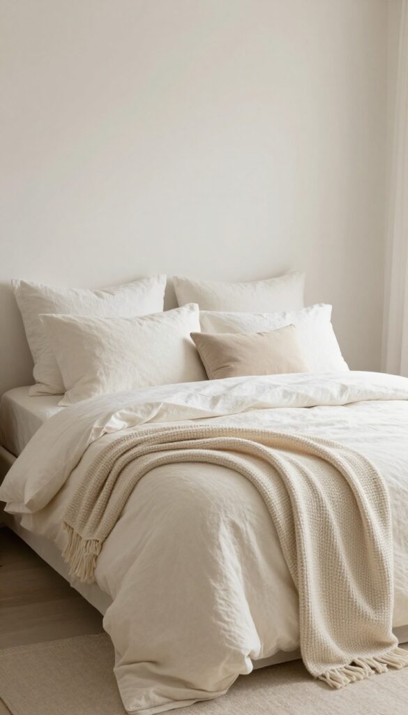 Bright white and cream bedding on a neatly made bed with a textured throw blanket and pastel pillows, lit by soft natural daylight in an airy bedroom.