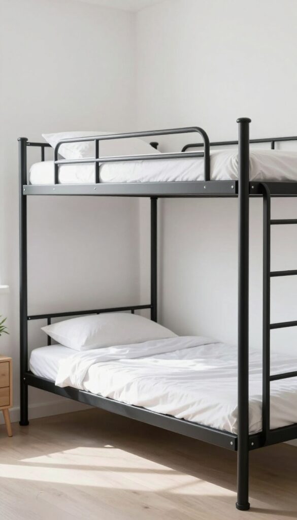 Minimalist black metal frame bunk bed with thin rails and neutral bedding in a bright small bedroom, natural light highlighting the slim open structure.
