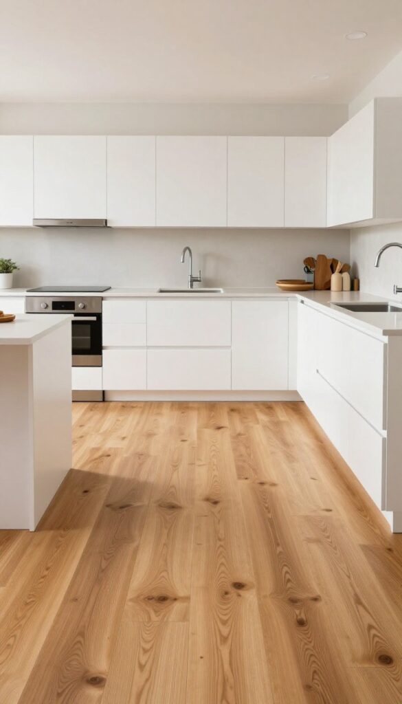 A bright modern kitchen with warm wide-plank luxury vinyl flooring that looks like real hardwood, white cabinets, and stainless steel appliances in natural daylight.