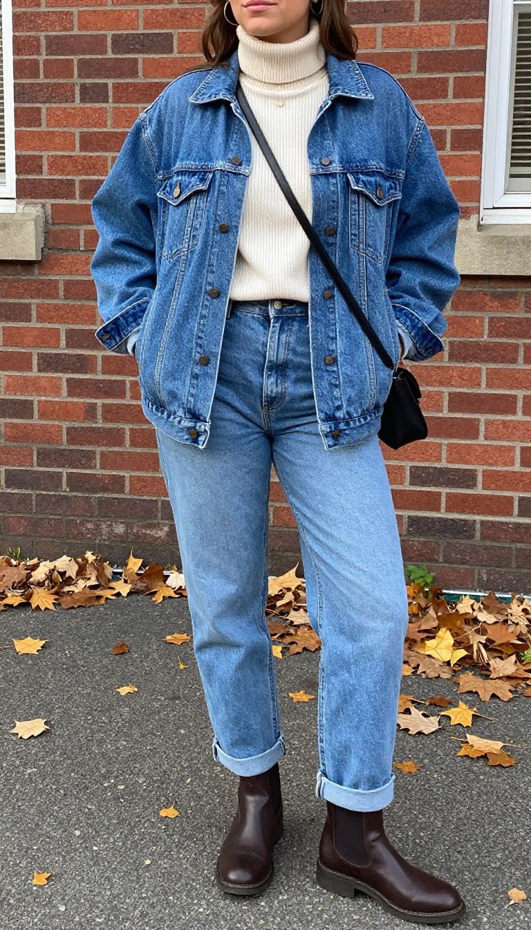 4. Turtleneck Layered Under a Denim Jacket with Boyfriend Jeans
