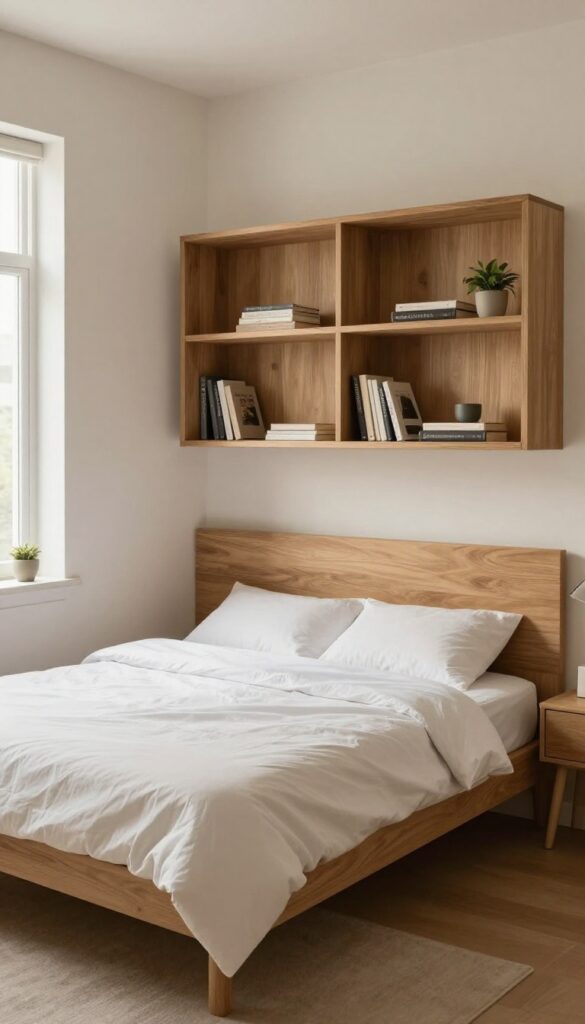 Cozy modern single bed bedroom with warm wood built-in wall niche and floating shelves styled with books, a plant, and minimal decor in bright natural light.