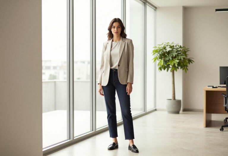 Woman in dark wash jeans and a structured blazer standing in a bright modern office, a polished casual work outfit idea
