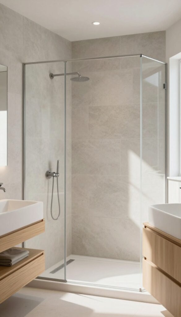 Modern bathroom shower with soft gray stone-effect wall panels, white trim, and a light wood vanity in bright natural light