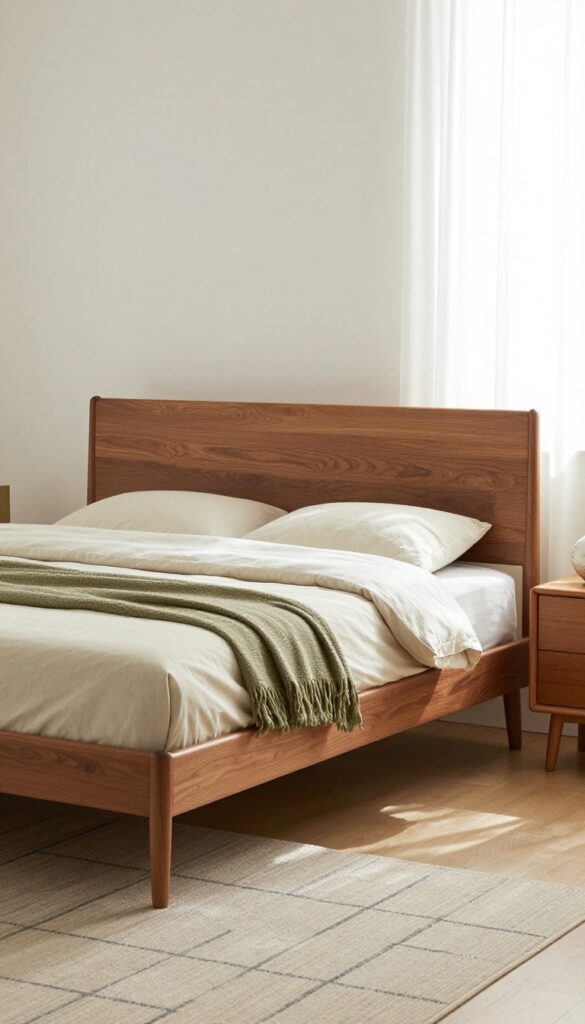 Mid-century modern wood bed frame with tapered legs in a bright, cozy bedroom