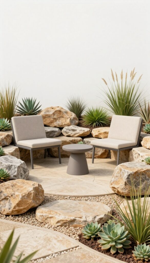 Cozy rock garden seating nook with two chairs and a small table on a flat stone base surrounded by beige and gray rocks, succulents, and ornamental grasses in a sunny front yard