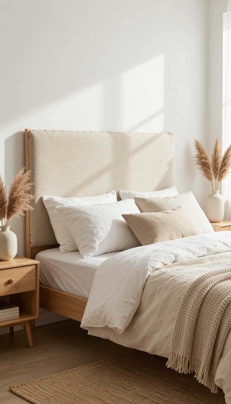 DIY faux linen headboard made from a canvas drop cloth mounted above a bed with neutral bedding in a bright budget-friendly Pottery Barn style bedroom