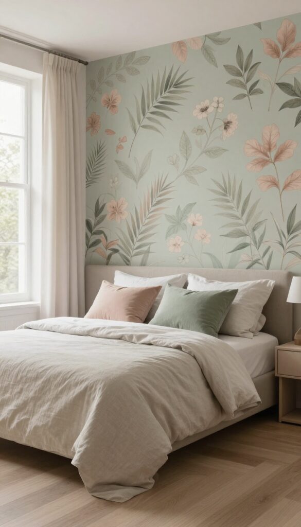 Modern bedroom with a large-scale muted floral accent wall behind a neatly made bed, surrounded by neutral walls and bright natural light