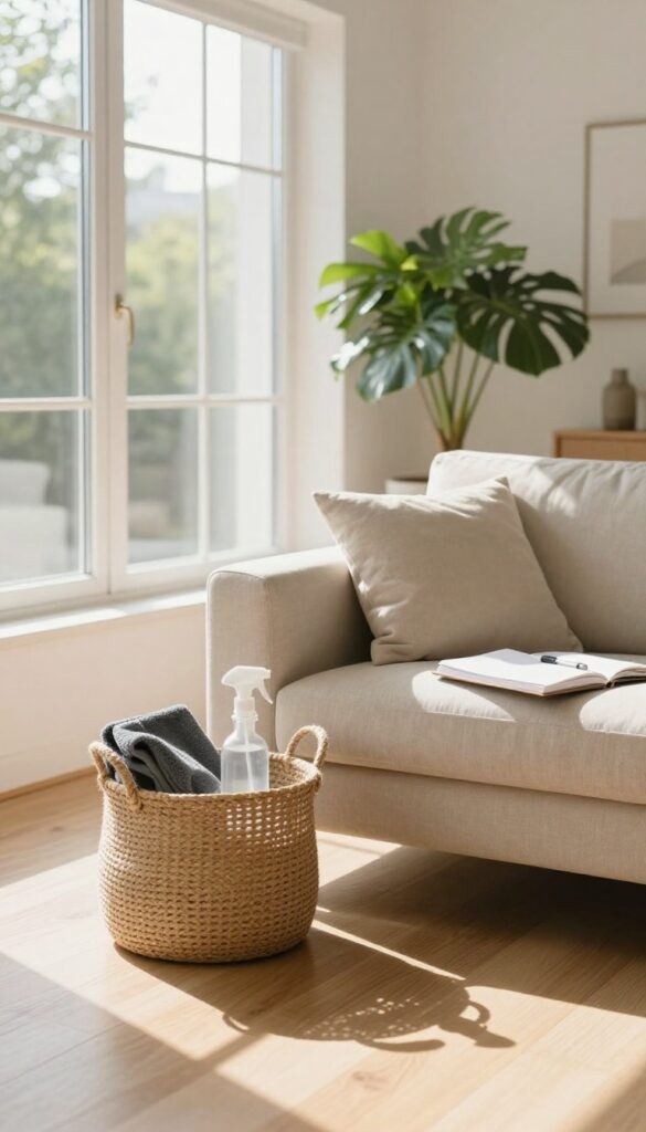 Bright sunlit living room with a basket of cleaning cloths, spray bottle, cozy sofa, open planner, and a plant, illustrating a flexible home cleaning routine.
