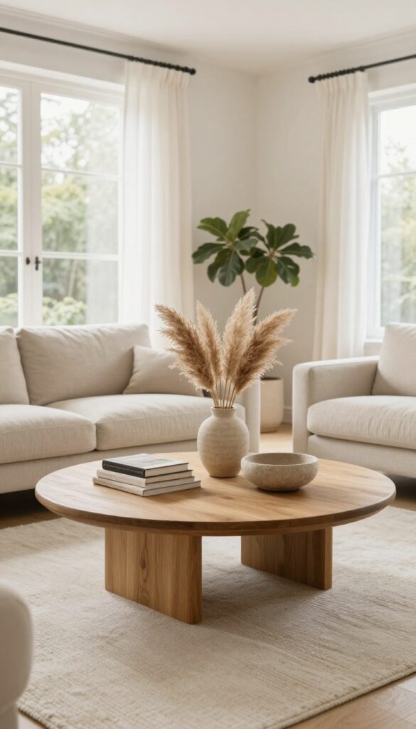 Rounded oak coffee table with natural decor anchoring a bright organic modern living room with a beige linen sofa and soft daylight