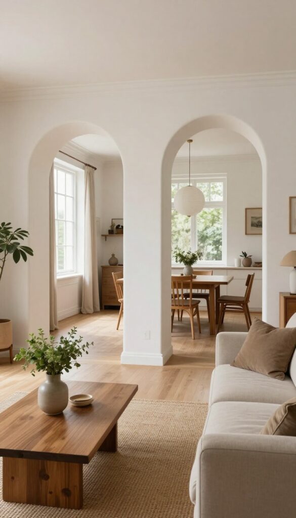 Bright living room with a symmetrical double archway divided by a center column, opening into a softly lit dining room.