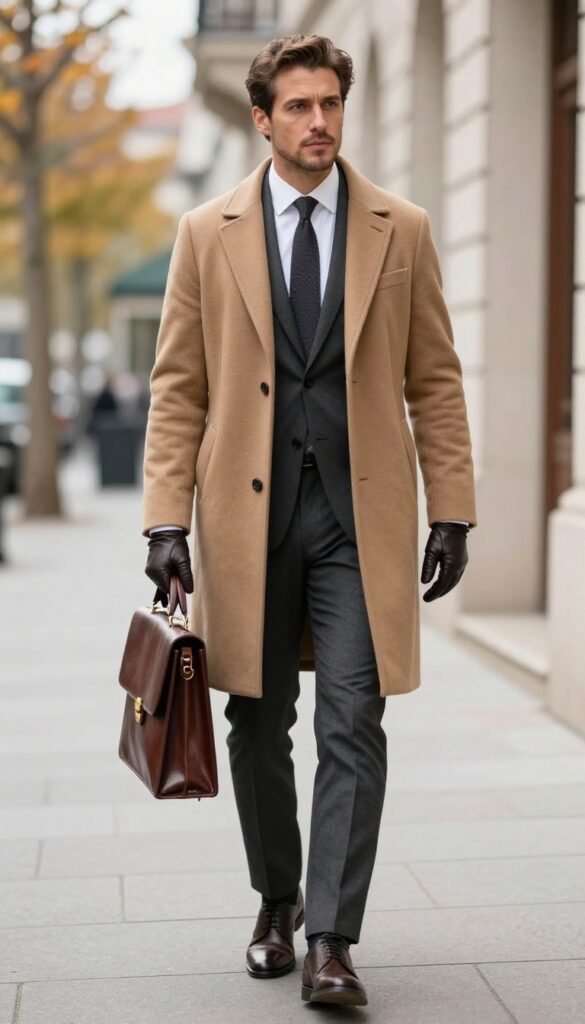 Man in camel overcoat over tailored suit, holding leather briefcase, standing on city sidewalk, bright natural light, elegant old money style.