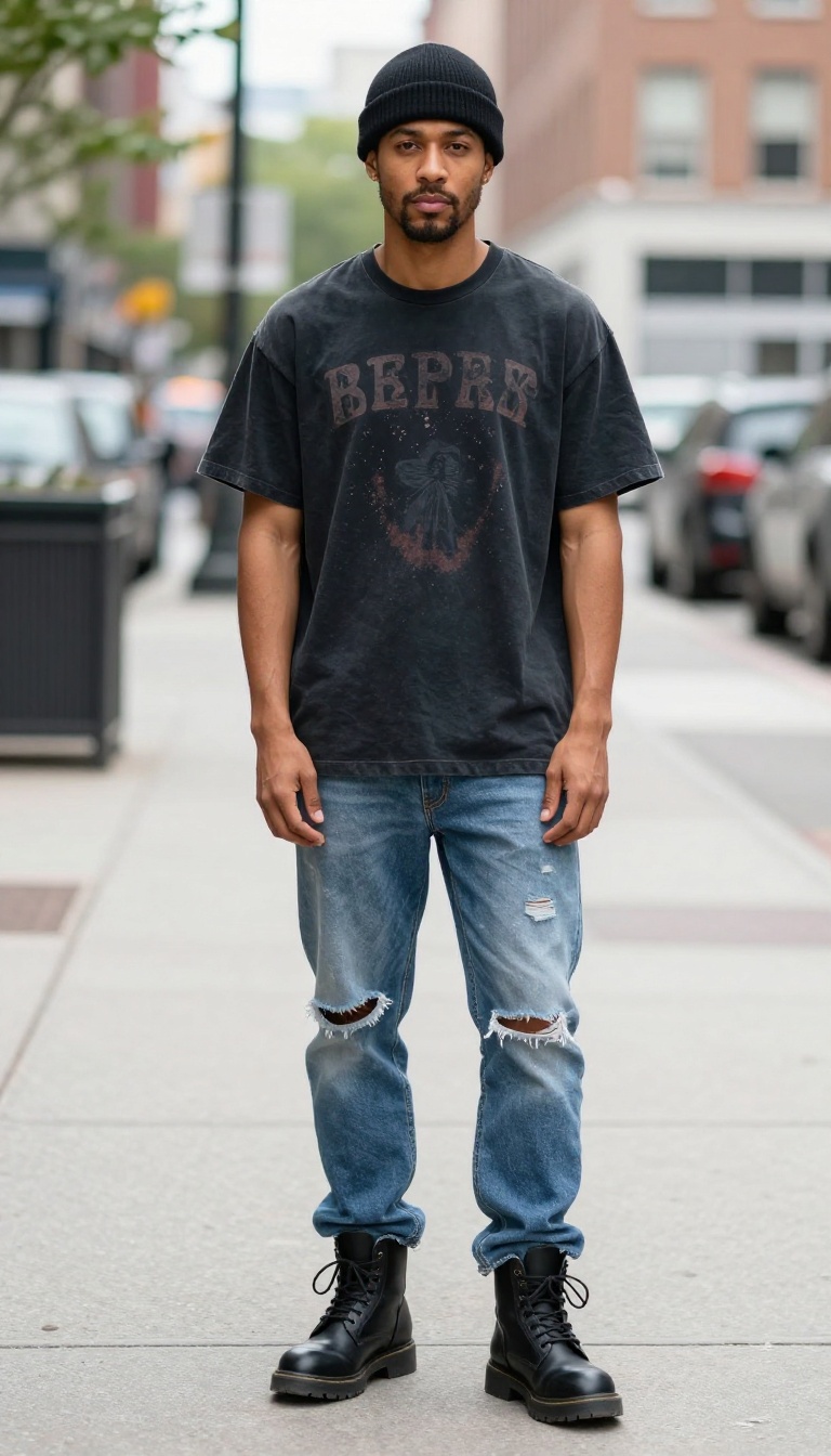 12. Band Tee with Distressed Jeans and Combat Boots